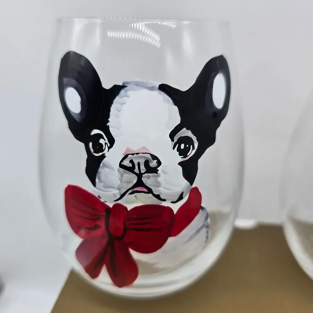 Pier 1 Hand Painted Stemless Wine Glasses Holiday Christmas Puppy Dogs Set of 4